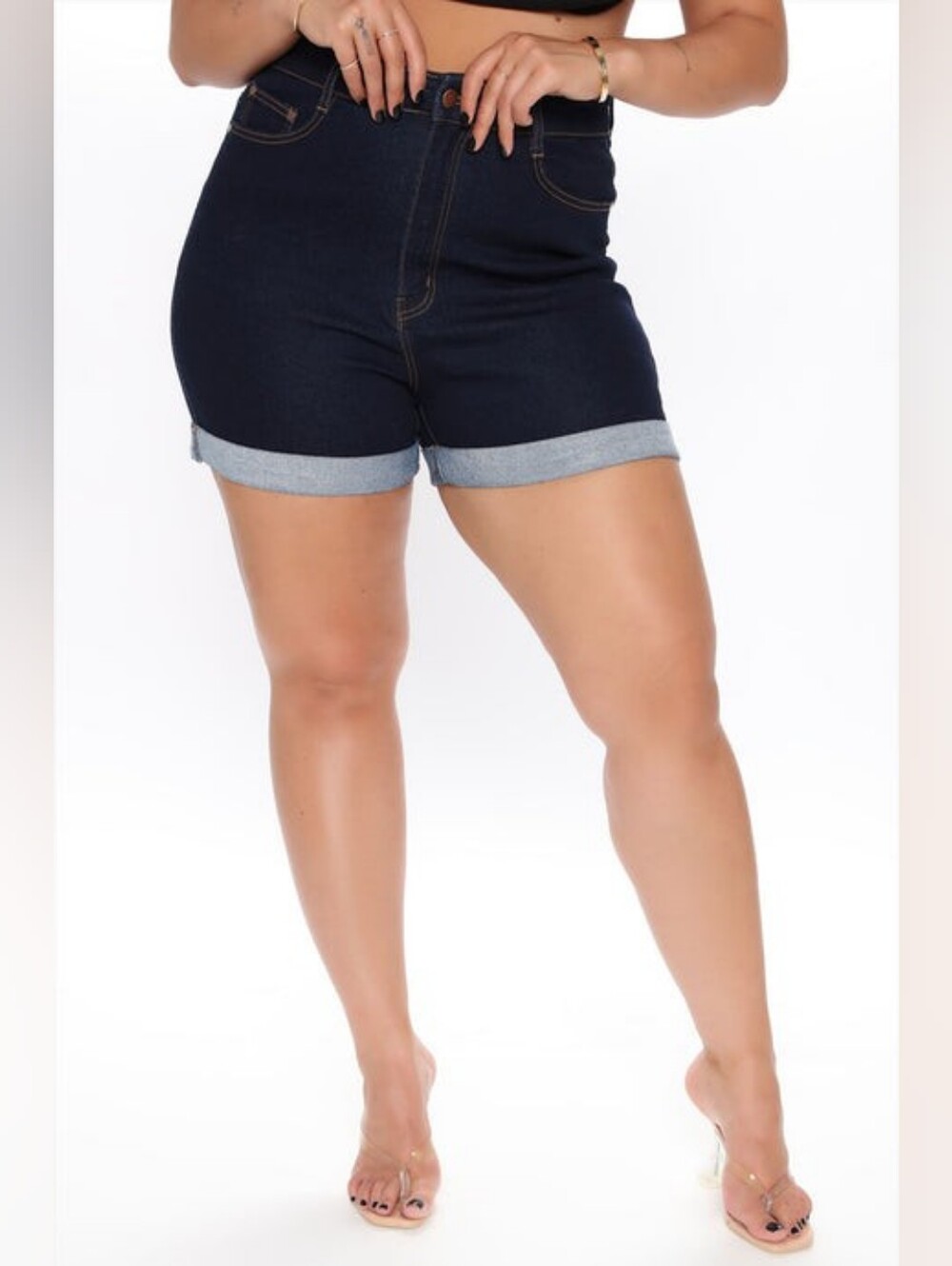 High-Waist Dark Blue Denim Cuffed Women’s Shorts (9) - Picture 11 of 13